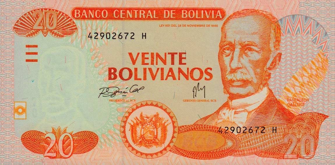Front of Bolivia p234: 20 Bolivianos from 2007