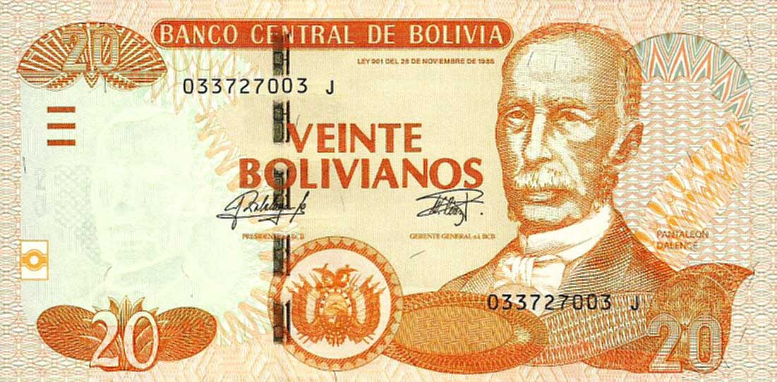 Front of Bolivia p244: 20 Bolivianos from 2015