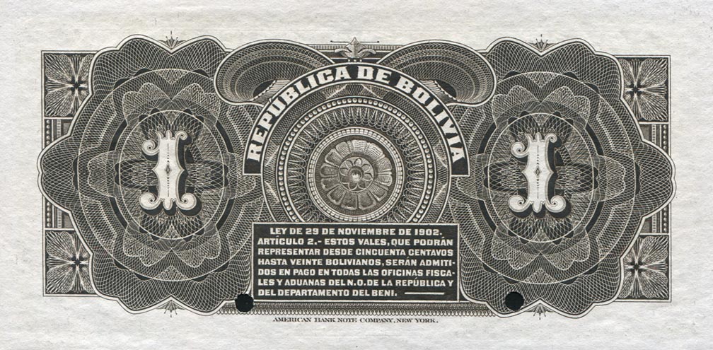 Back of Bolivia p92s: 1 Boliviano from 1902