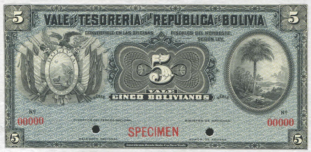 Front of Bolivia p93s: 5 Bolivianos from 1902
