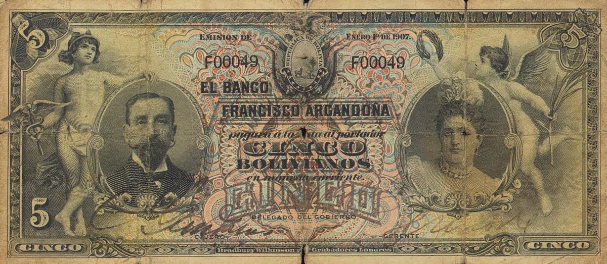 Front of Bolivia pS150: 5 Bolivianos from 1907