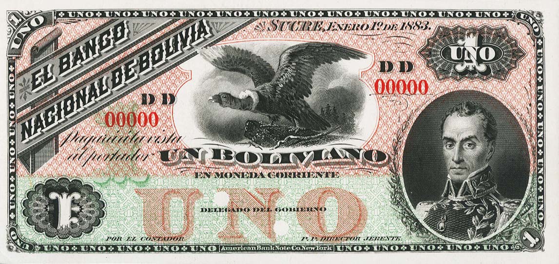 Front of Bolivia pS205p: 1 Boliviano from 1883