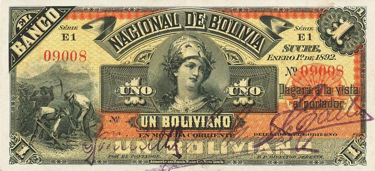 Front of Bolivia pS211b: 1 Boliviano from 1892