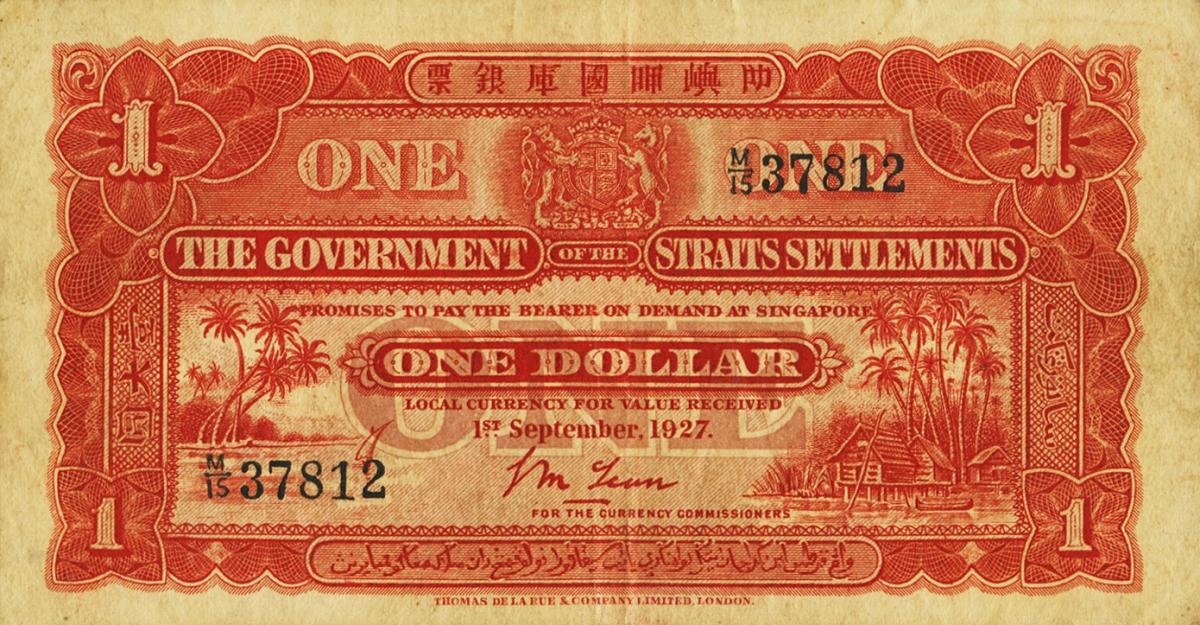 Front of Straits Settlements p9x: 1 Dollar from 1925