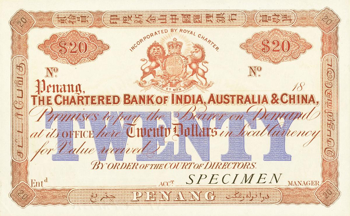 Front of Straits Settlements pS103s: 20 Dollars from 1875