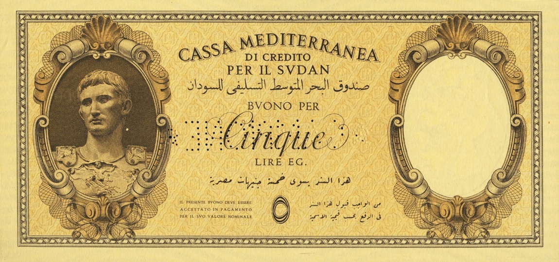 Front of Sudan pM5: 5 Lire from 1940