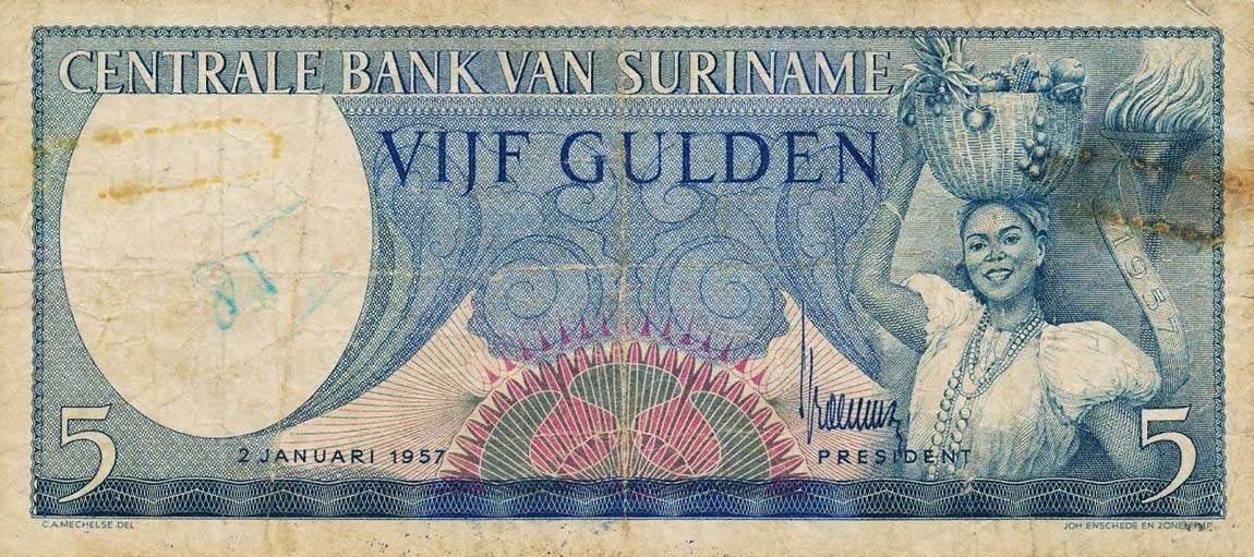 Front of Suriname p111a: 5 Gulden from 1957