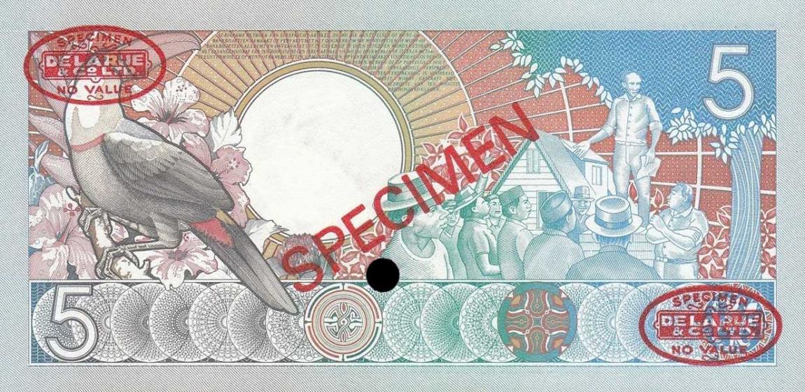 Back of Suriname p130s: 5 Gulden from 1986