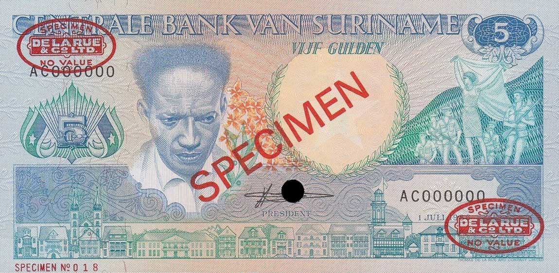 Front of Suriname p130s: 5 Gulden from 1986