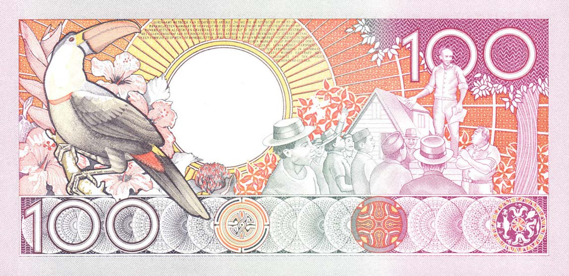 Back of Suriname p133b: 100 Gulden from 1988