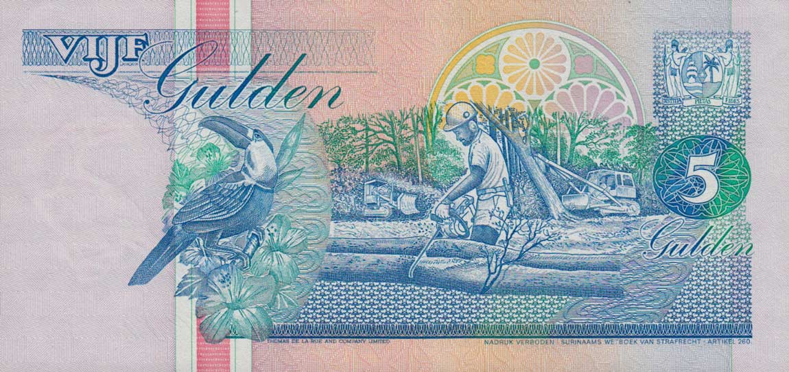 Back of Suriname p136a: 5 Gulden from 1991