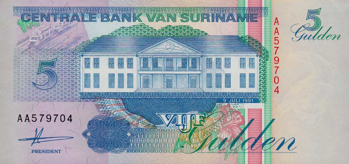 Front of Suriname p136a: 5 Gulden from 1991