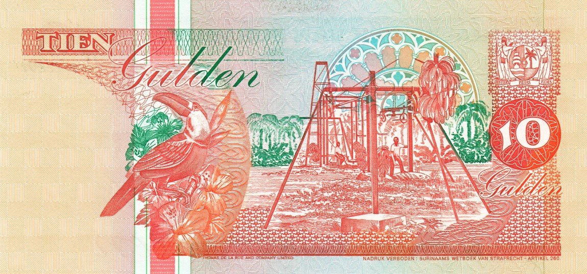 Back of Suriname p137b: 10 Gulden from 1995