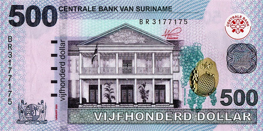 Front of Suriname p166Ba: 500 Dollars from 2024