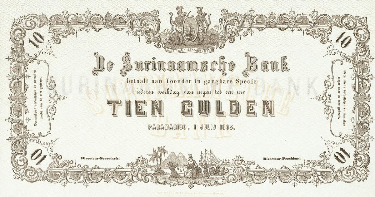Front of Suriname p45r: 10 Gulden from 1865