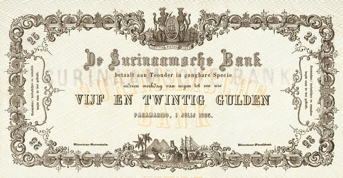 Front of Suriname p46r: 25 Gulden from 1865