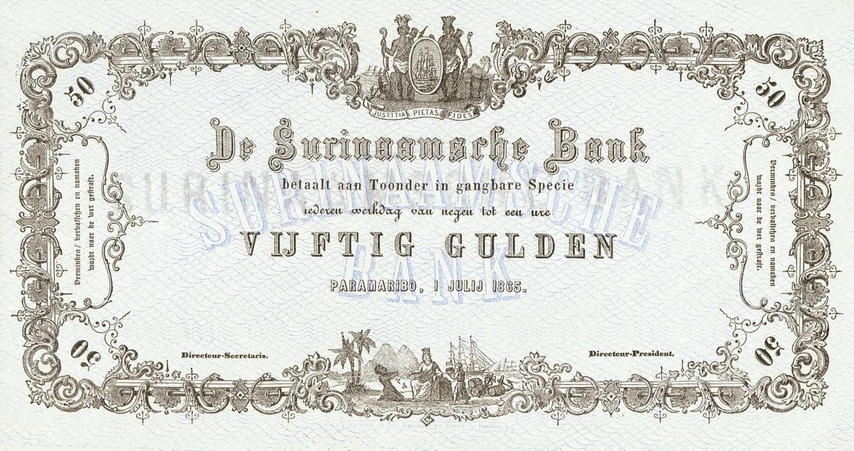 Front of Suriname p47r: 50 Gulden from 1865