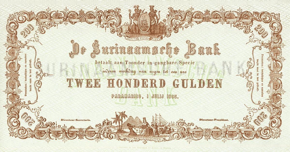 Front of Suriname p49r: 200 Gulden from 1865