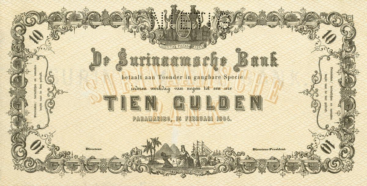 Front of Suriname p53s: 10 Gulden from 1886