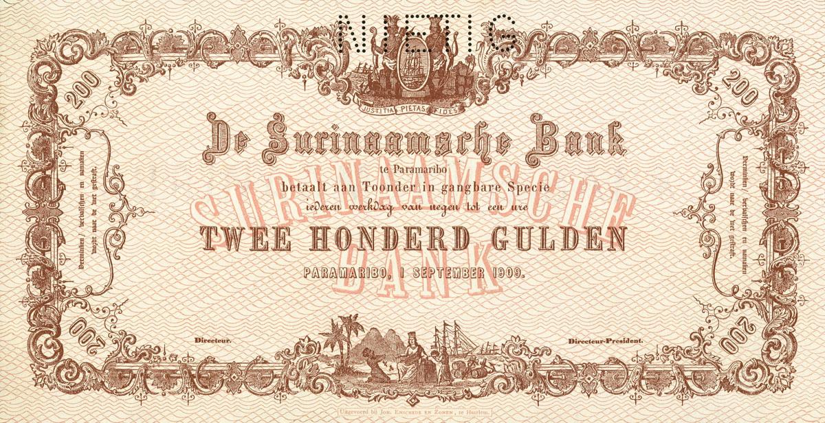 Front of Suriname p57s: 200 Gulden from 1880