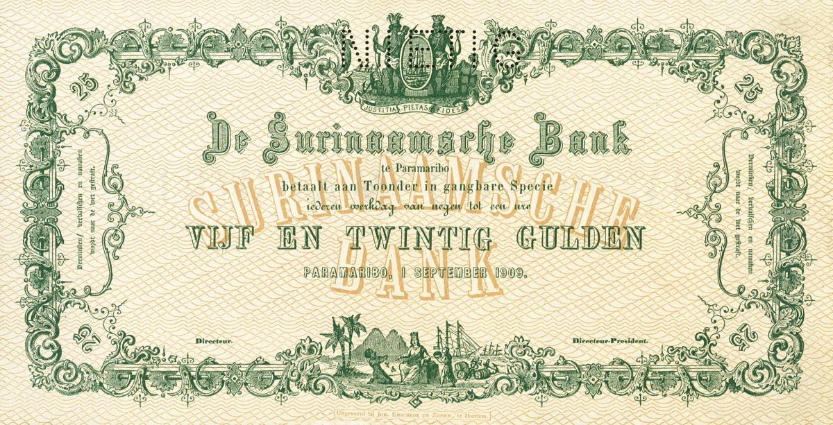 Front of Suriname p62s: 25 Gulden from 1909