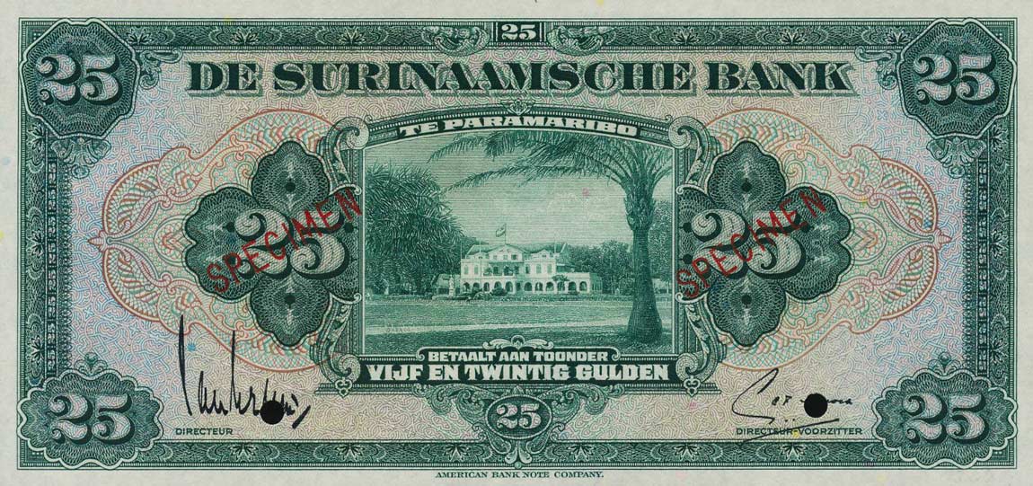 Front of Suriname p90s: 25 Gulden from 1942
