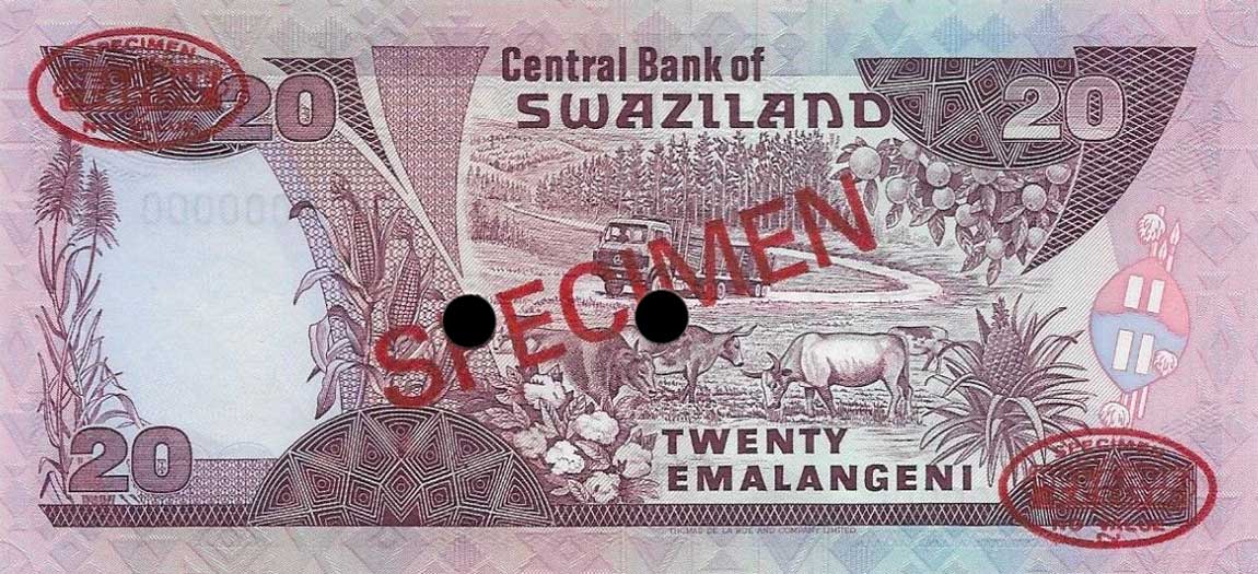 Back of Swaziland p16s: 20 Emalangeni from 1986