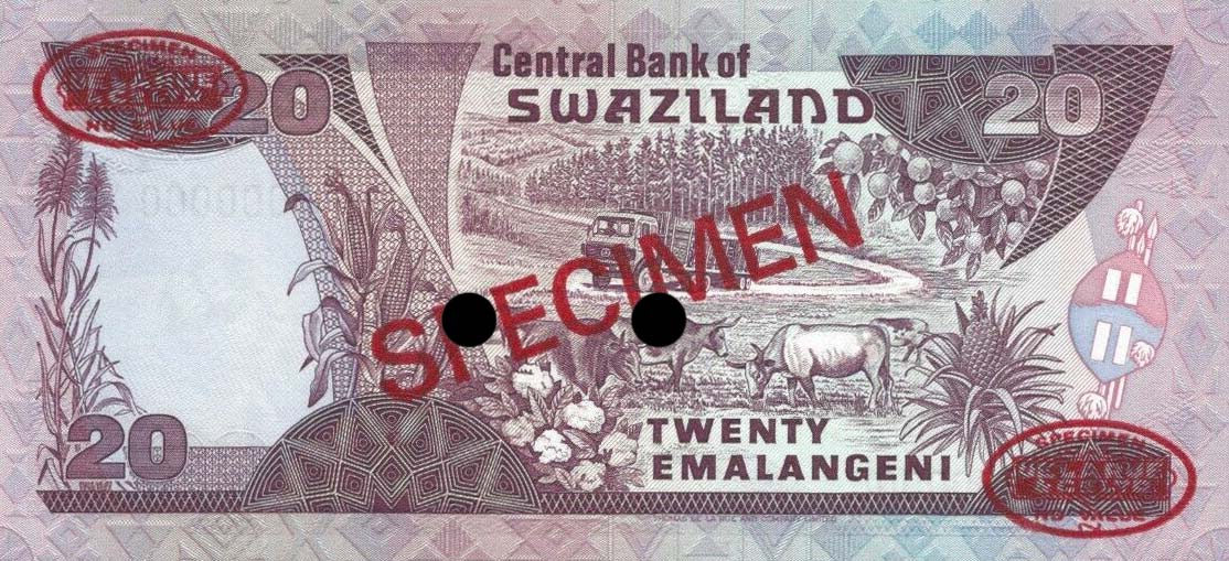 Back of Swaziland p17s: 20 Emalangeni from 1989