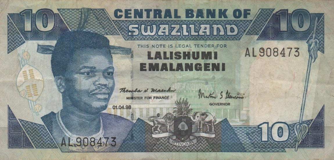 Front of Swaziland p24c: 10 Emalangeni from 1998
