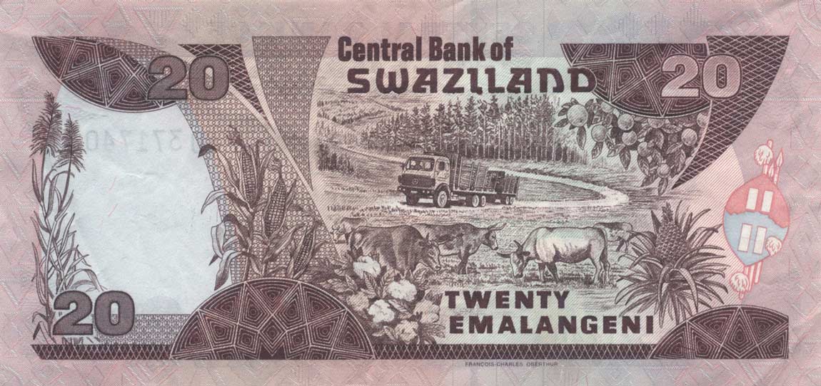 Back of Swaziland p25a: 20 Emalangeni from 1995