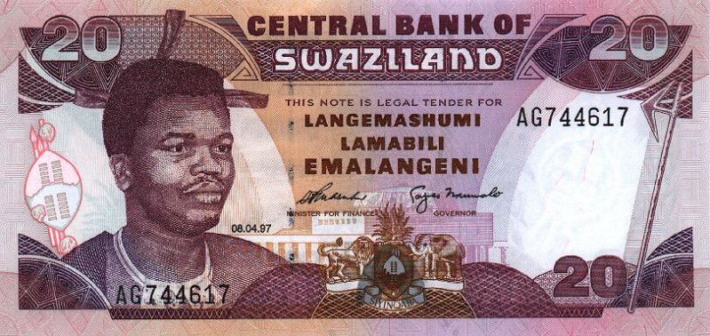Front of Swaziland p25b: 20 Emalangeni from 1997