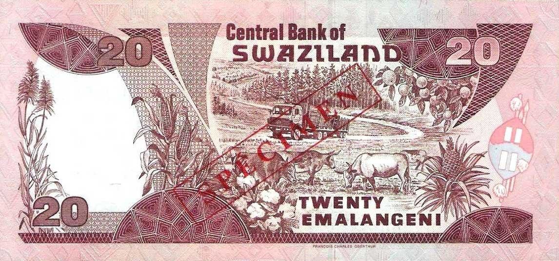 Back of Swaziland p25s2: 20 Emalangeni from 1997