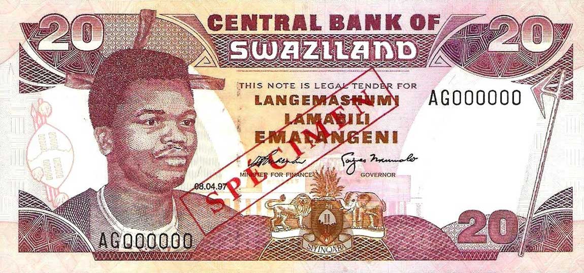 Front of Swaziland p25s2: 20 Emalangeni from 1997