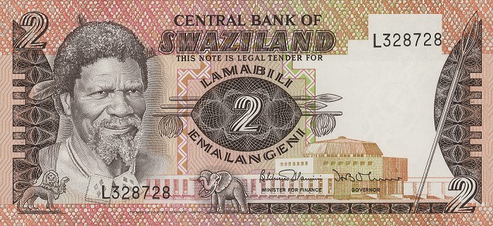 Front of Swaziland p2a: 2 Emalangeni from 1974