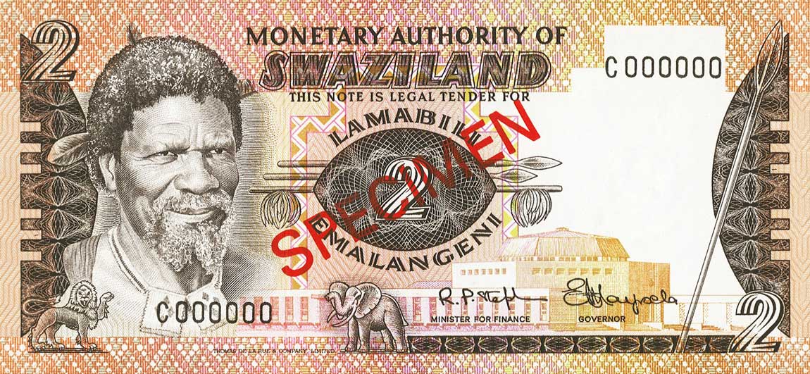 Front of Swaziland p2s: 2 Emalangeni from 1974