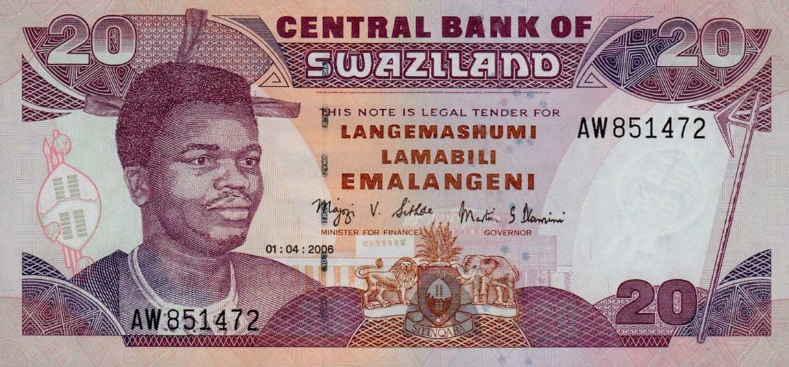 Front of Swaziland p30c: 20 Emalangeni from 2006