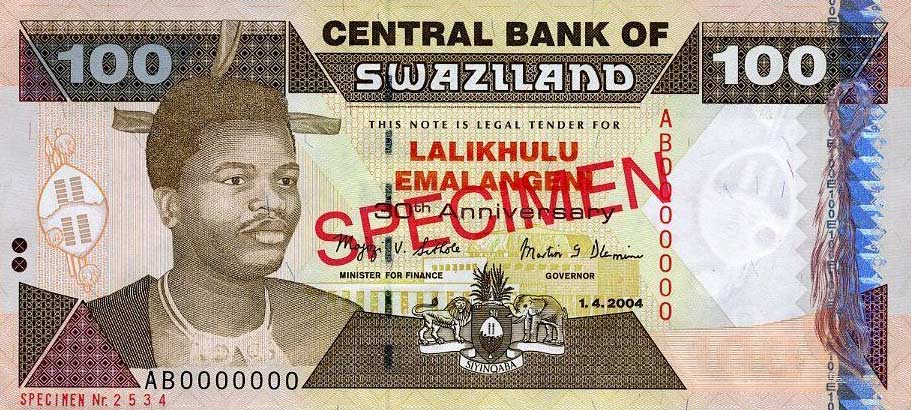 Front of Swaziland p33s: 100 Emalangeni from 2004