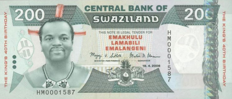 Front of Swaziland p35a: 200 Emalangeni from 2008