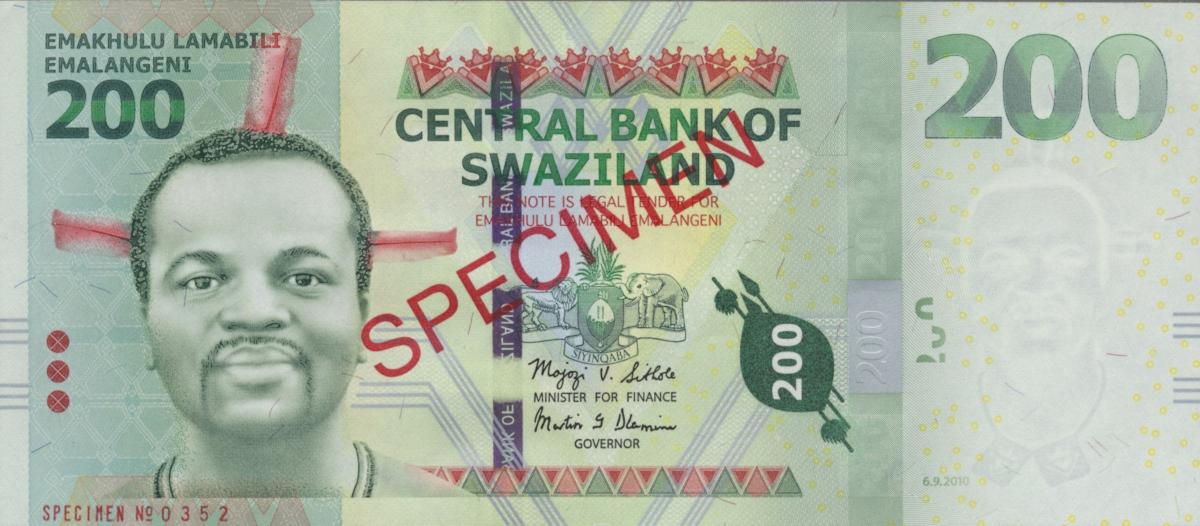 Front of Swaziland p40s: 200 Emalangeni from 2010