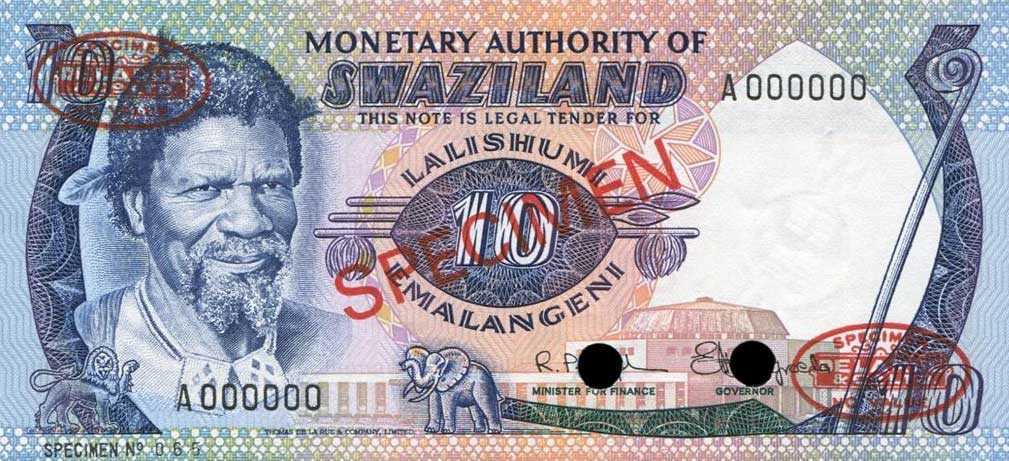 Front of Swaziland p4s: 10 Emalangeni from 1974