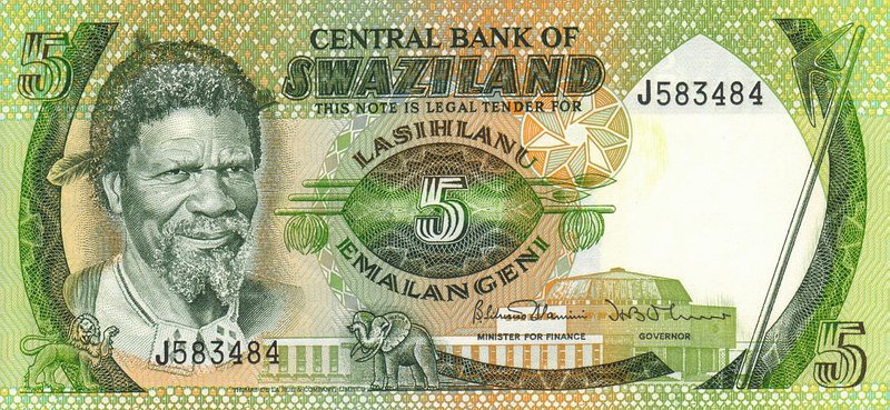 Front of Swaziland p9b: 5 Emalangeni from 1984