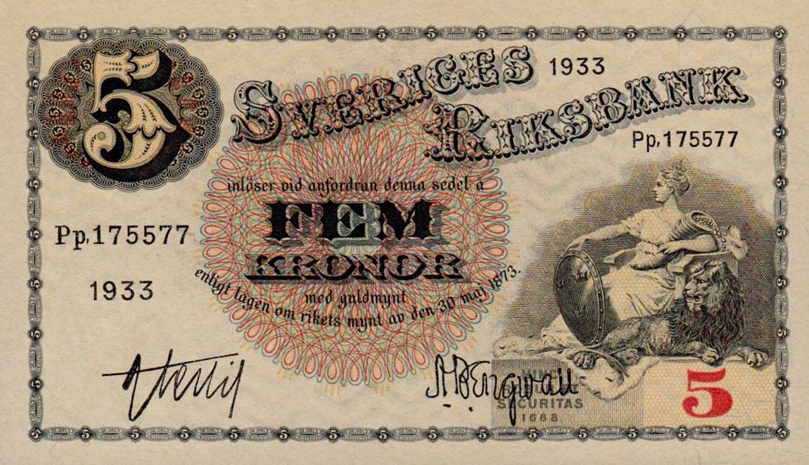 Front of Sweden p33p: 5 Kronor from 1933