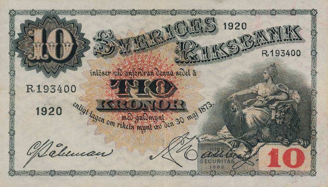 Front of Sweden p34c: 10 Kronor from 1920