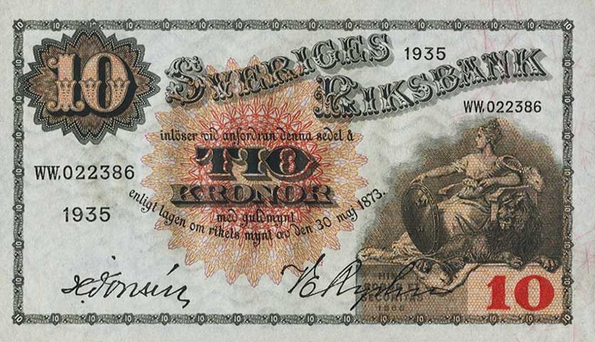 Front of Sweden p34r: 10 Kronor from 1935