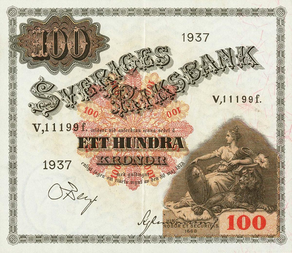 Front of Sweden p36t: 100 Kronor from 1937