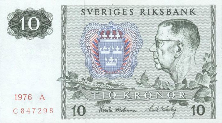 Front of Sweden p52d: 10 Kronor from 1976