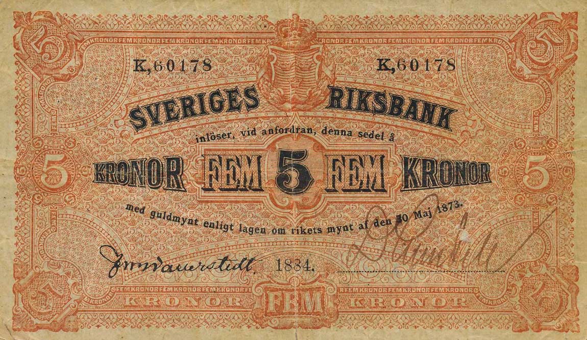 Front of Sweden p8f: 5 Kronor from 1884