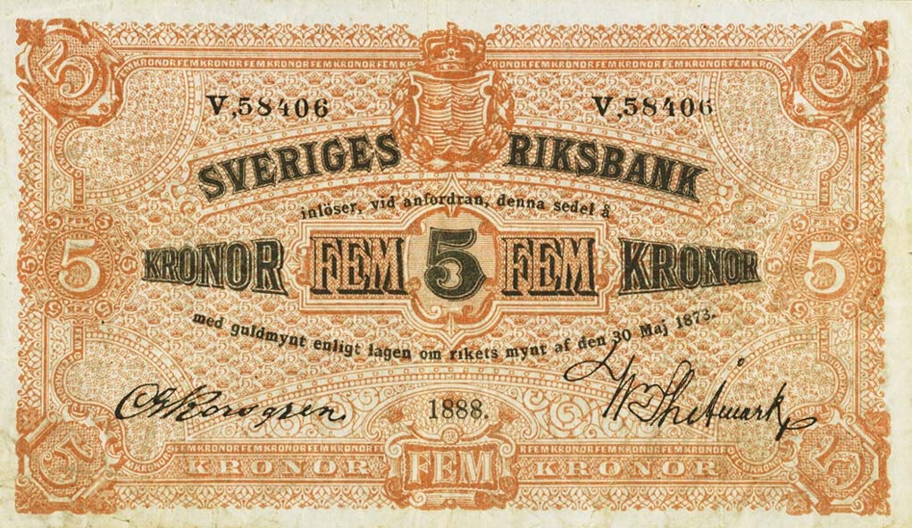 Front of Sweden p8j: 5 Kronor from 1888