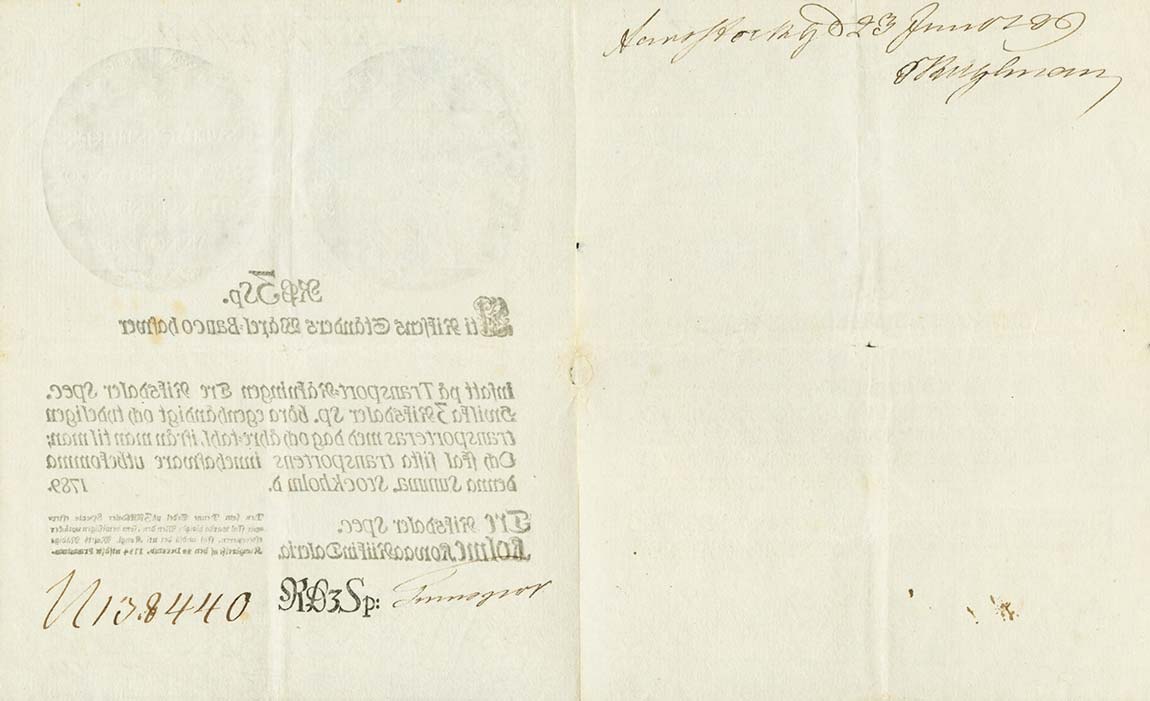 Back of Sweden pA92b: 3 Rigsdaler Specie from 1787