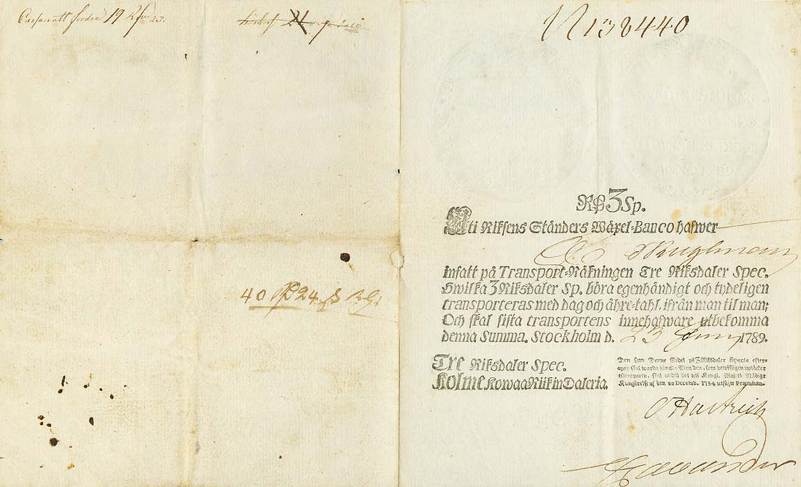 Front of Sweden pA92b: 3 Rigsdaler Specie from 1787
